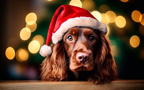 Premium AI Image | Cute dog in Santa Claus hat against blurred ...