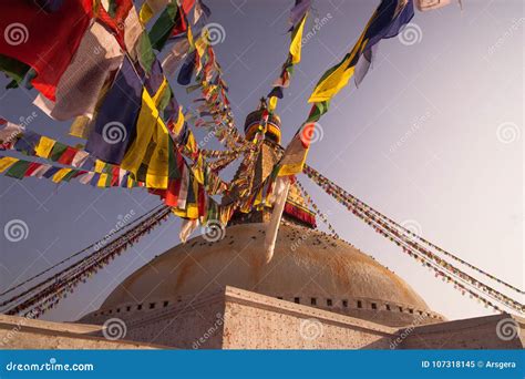 Colorful Prayer Flags and Boudhanath Stupa in Kathmandu Stock Image ...