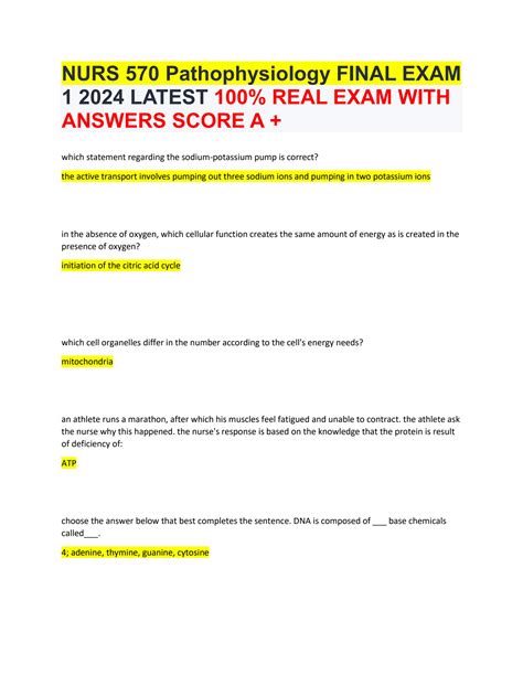 SOLUTION Nurs 570 Pathophysiology Final Exam 1 2024 Latest 100 Studypool