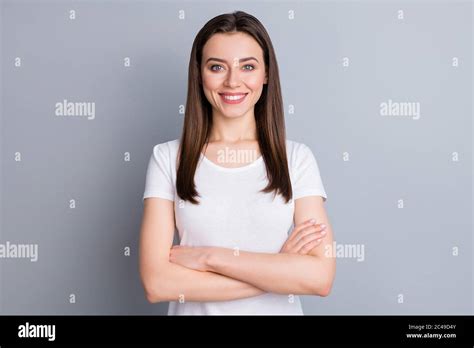 Photo Of Attractive Toothy Lady Long Hairdo Arms Crossed Bossy Person