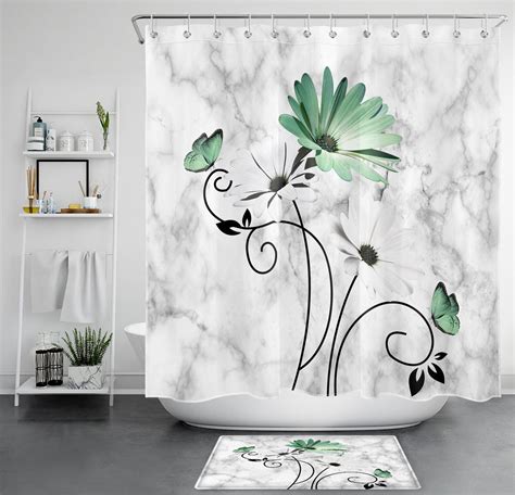 Chic Sage Green Floral Shower Curtain Set With Modern Marble Butterfly