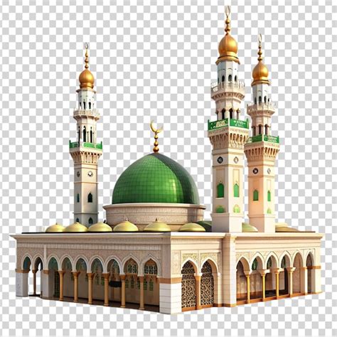 A Mosque With A Green Dome And Three Towers On Transparent Background