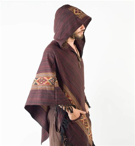 Men S Poncho Red Crimson Large Hood Yak Wool Tribal Embroidery Celtic