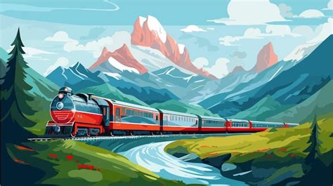 Una Pintura De Un Tren Que Atraviesa Un Valle Monta Oso Vector