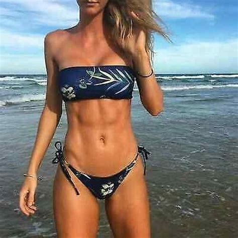 Mode Mer Costume Deux Pièces Bikini Femme Slips Bleu Foncé Fleurs Bandeau eBay