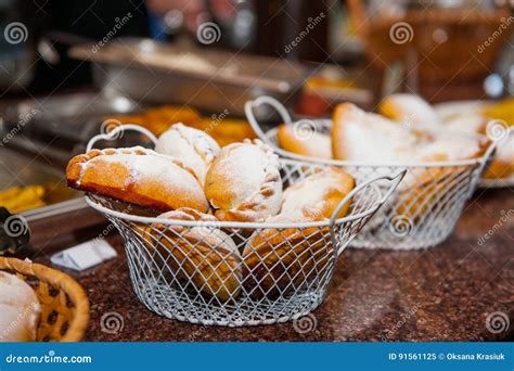 Close Up Baskets With Freshly Baked Pastry Goods On Display In Bakery