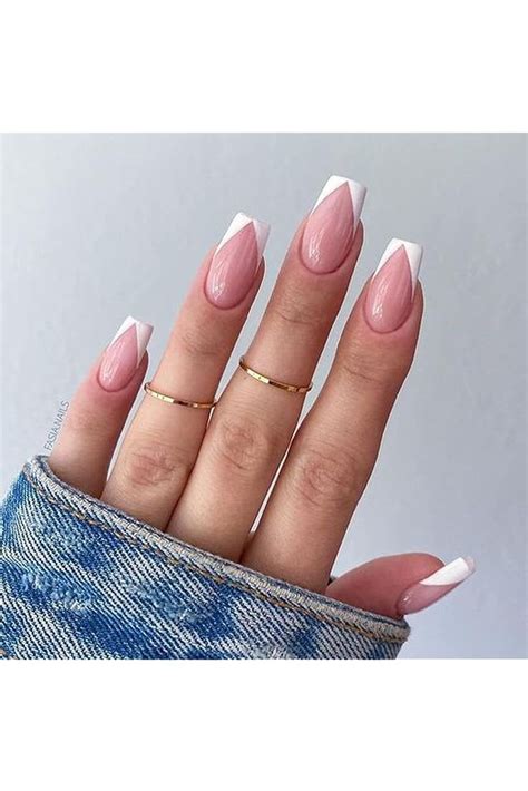 Votacos French Tip Press On Nails Long Coffin Fake Nails Nude False Nails With Ballerina Design