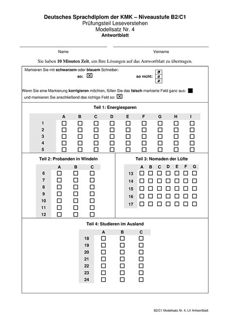 B2 C1 Modellsatz Nr4 Lv Antwortblatt Deutsches Sprachdiplom Der Kmk