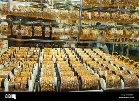 Gold Jewelry In The Deira Gold Souk Market Dubai United Arab Emirates