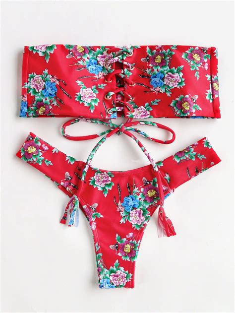 Shop Calico Print Criss Cross Bandeau Bikini Set Online Shein Offers