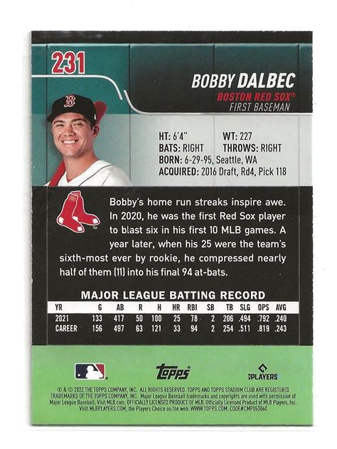 BOBBY DALBEC 2022 Topps Stadium Club Base Card Boston Red Sox 231 EBay