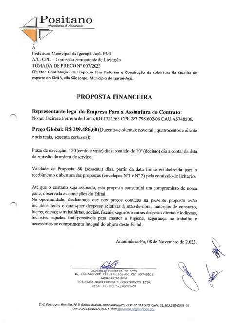 Planilha De Or Amento Do Licitante Vencedor Prefeitura Municipal