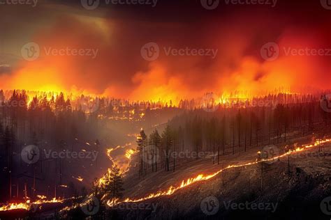 AI generated Forest fire disaster illustration, trees burning at night