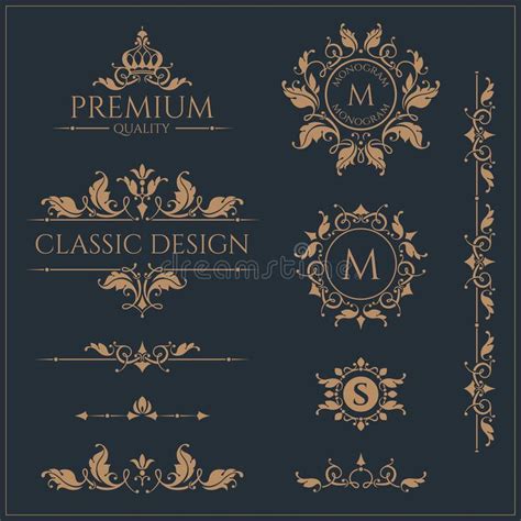 Vintage Design Elements: Monograms and Borders in Gold on Black