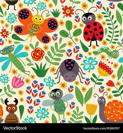 Seamless Pattern With Insect And Plants Royalty Free Vector