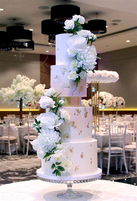 Watercolour Wedding Cake With Gold Separator And White Flowers Love Rosie