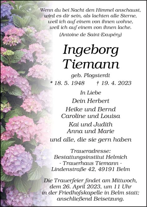 Traueranzeigen Von Ingeborg Tiemann Noz Trauerportal