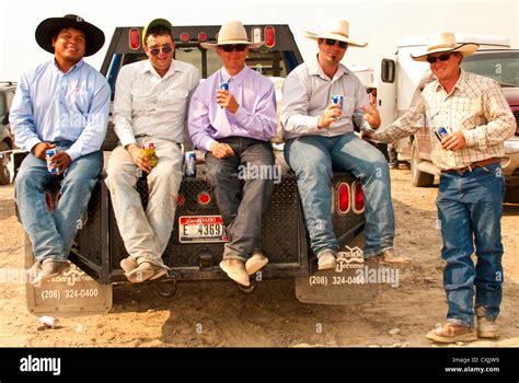 Cowboys Sitting On The Back Of A Pick Up Truck Enjoying A Refeshment