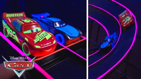 Lightning Mcqueen And Jackson Storm Challenge The Glowing Racetrack