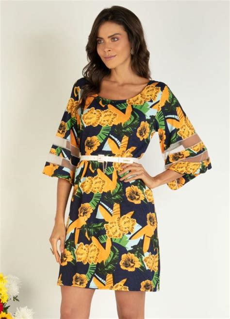 Vestido Floral Amarelo Recortes Em Tule Quintess