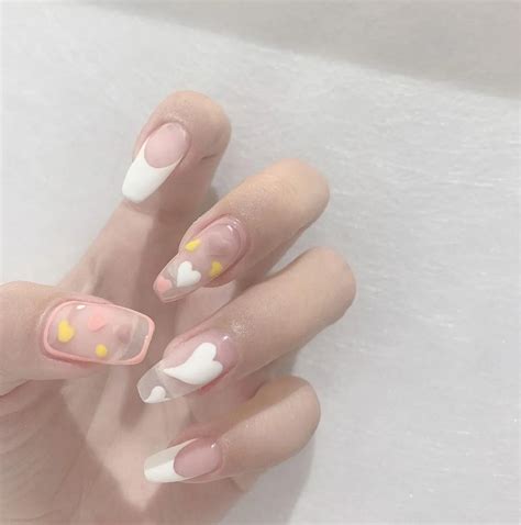 Pcs Box Middle Length Ballet Nude Pink Color False Nails With Design With Heart Pattern