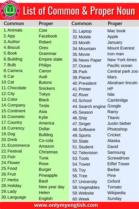 60 List of Common Noun and Proper Noun » Onlymyenglish.com