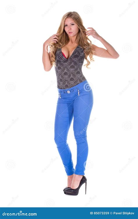 Pretty Blonde Model In Blue Jeans Stock Image Image Of Knitted