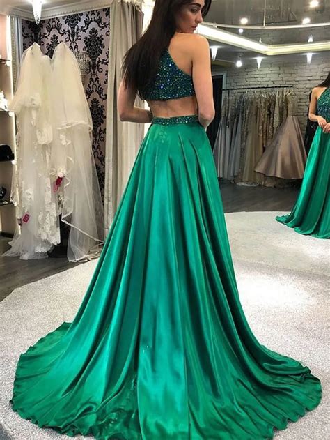 Green Satin Beaded Halter Prom Dress Macys With Backless Design Perfect For Graduation And