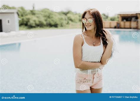 Gorgeous Woman Relaxing Near Swimming Pool Summer Luxury Vacation