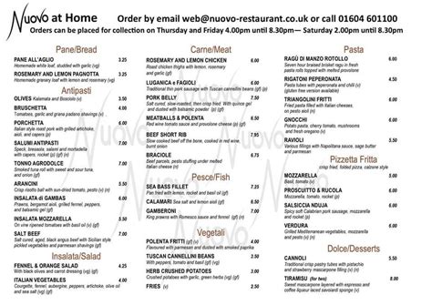 Menu at Nuovo Restaurant, Northampton