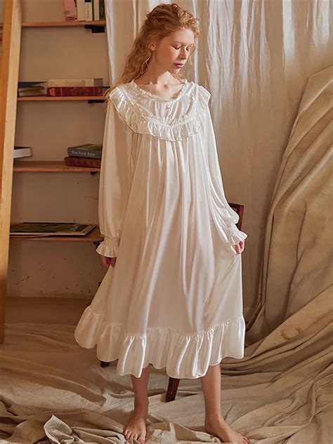 Women Spring Autumn Satin Ruffles Vintage Princess Nightgowns Pearl