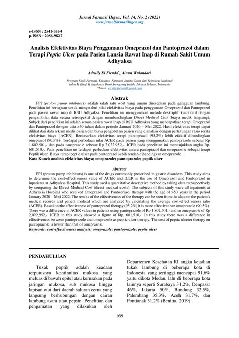 PDF Analisis Efektivitas Biaya Penggunaan Omeprazol Dan Pantoprazol