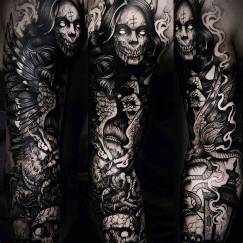 the back of a man's arm with tattoos on it and skulls around him