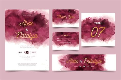 Premium Vector Watercolor Burgundy And Golden Wedding Stationery Set