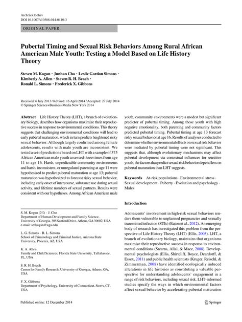 Pdf Pubertal Timing And Sexual Risk Behaviors Among Rural African