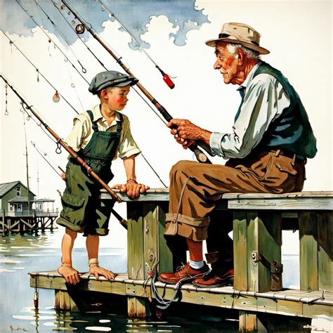 Norman Rockwell Old Man And Boy Fishing From A Pier Ai Generated