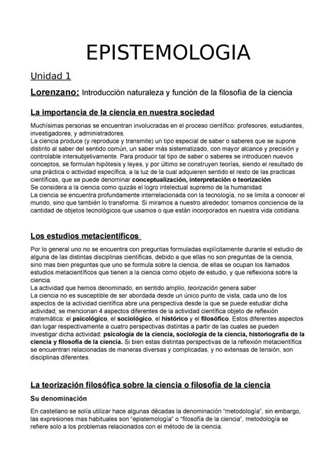 Resumen Epistemologia Primer Parcial EPISTEMOLOGIA Unidad 1 Lorenzano