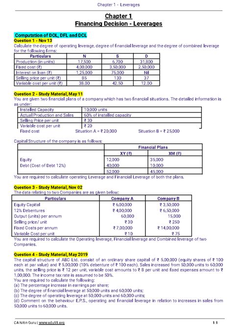 Leverages Ft Questions Chapter Financing Decision Leverages