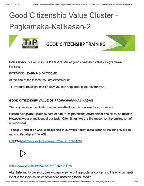 Good Citizenship Value Cluster - Pagkamaka-Kalikasan-2 NSTP 001-CHE11S2 ...