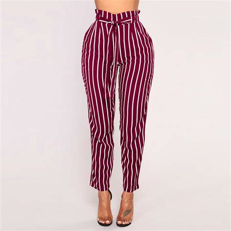 Women High Waist Harem Pants Women Bowtie Elastic Waist Stripe Casual