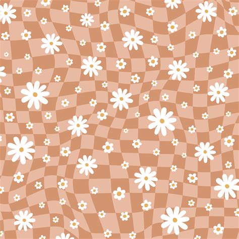 Groovy retro floral background. Retro checkered background. Retro 70s checkered wallpaper. Daisy ...