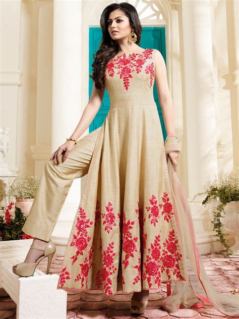 Buy Drashti Dhami Beige Color Italian Silk Party Wear Anarkali Kameez