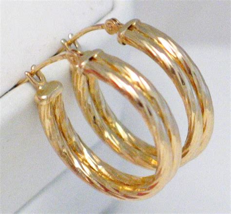 14k Gold Medium Size Hoop Earrings Diamond Cut Rope Twist