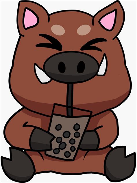 Anime Kawaii Bubble Tea Drinking Wild Boar Hand Drawn Sticker For