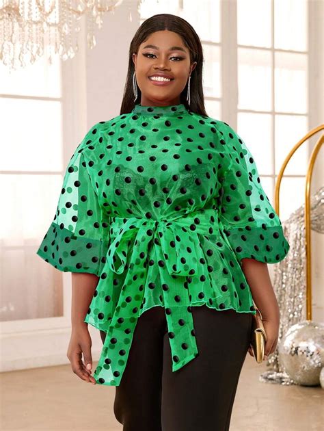 Plus Size Womens Mandarin Collar Flare Sleeve Sexy Sheer Polka Dot