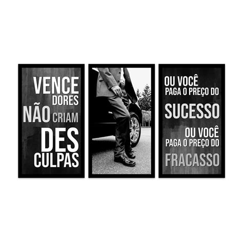 Kit 3 Quadros Decorativos MOLDURA Frases de Motivação Sucesso