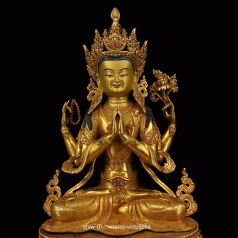 COPPER GILT GILD Inlay Gem Four Armed GuanYin Kwan Yin Bodhisattva