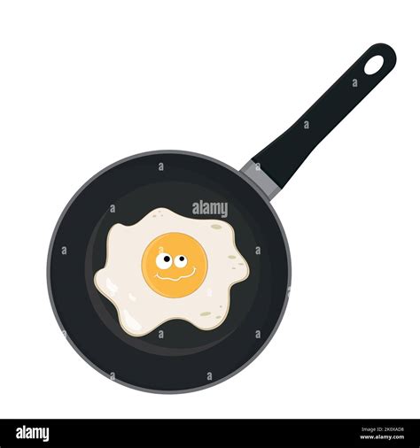 Fried Egg Character With Kawaii Eyes In A Frying Pan Black Outline