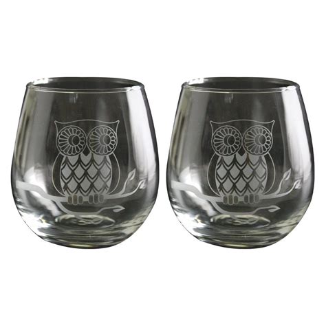 Tmd Holdings Etched Owl Stemless Wine Glasses Set Of 2 Stemless Wine Glasses Wine Stemless