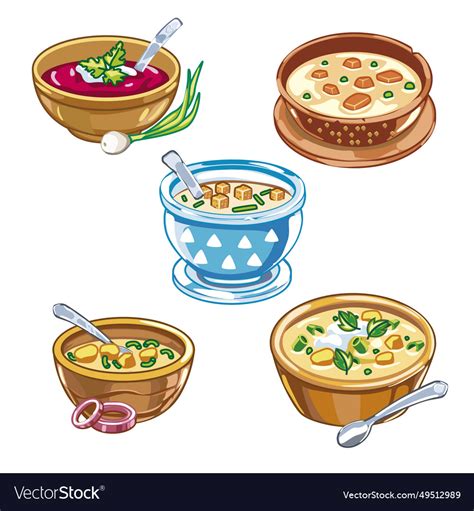 Set Of Bowls Soup Royalty Free Vector Image Vectorstock